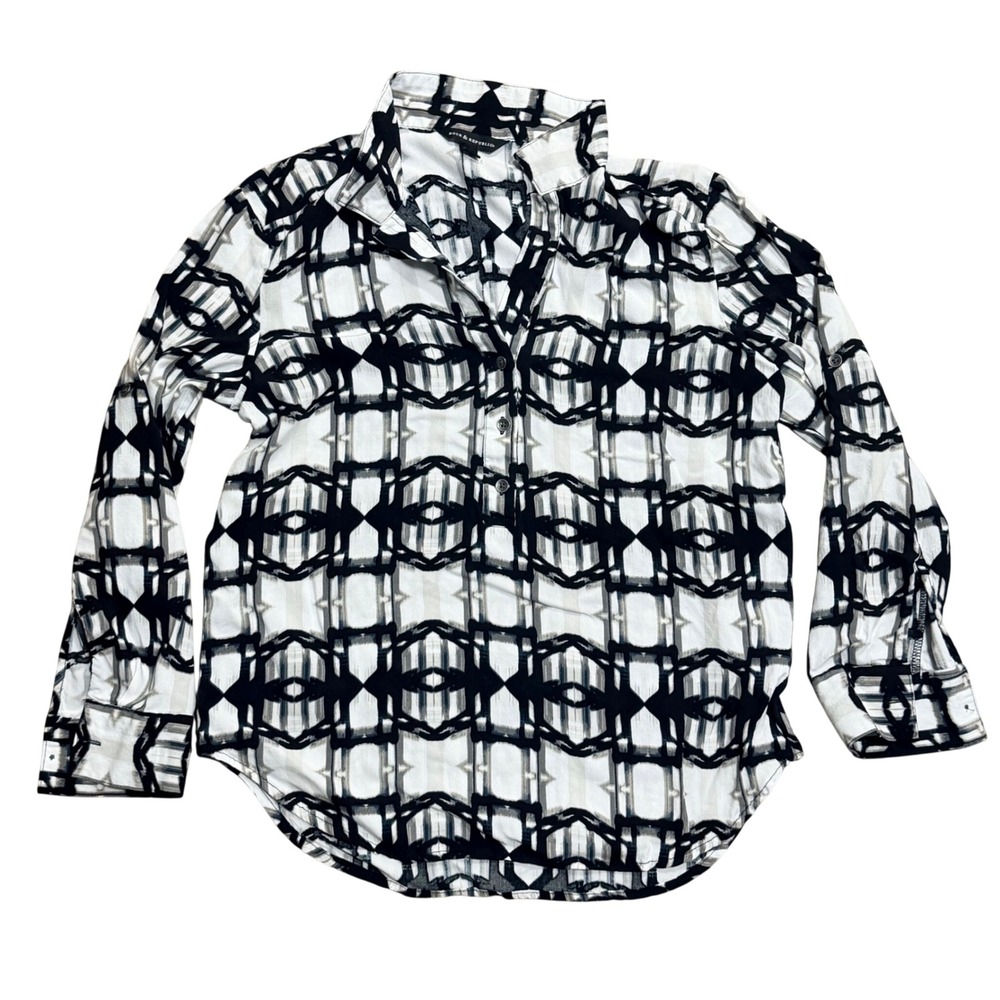 Rock & Republic Womens Small Black White Geometric Abstract Roll Tab Blouse Top